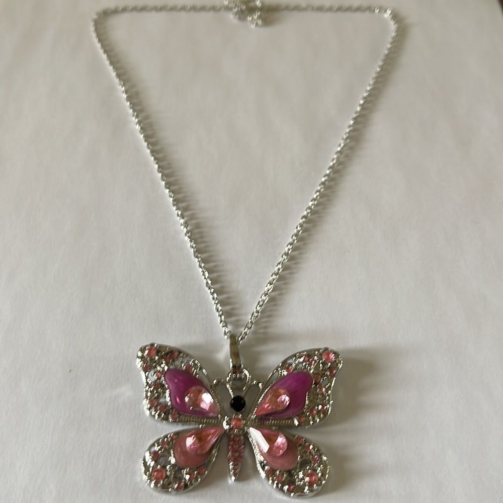 Pink and Silver Butterfly 🦋 Necklace - Picture 3 of 4